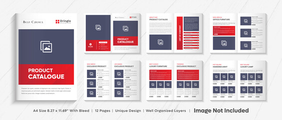Modern product catalogue design template, Company product catalog design template, Minimalist product brochure template design, Product Catalog Layout with Red Accents