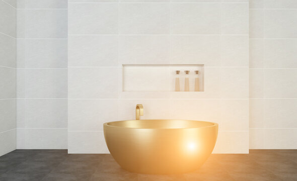Spacious bathroom in gray tones with heated floors, freestanding tub. 3D rendering.. Sunset.