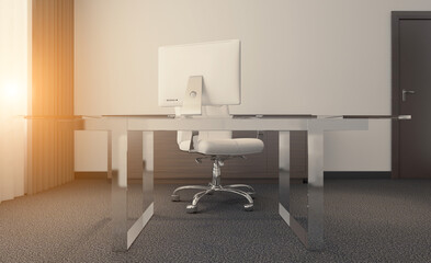 Open space office interior with like conference room. Mockup. 3D rendering.. Sunset.