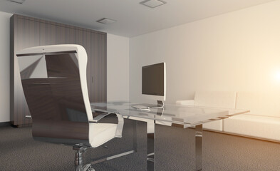 Elegant office interior. Mixed media. 3D rendering.. Sunset.