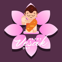 Happy vesak day, buddha purnima, may cartoon Lord Buddha meditating lotus illustration poster banner vector design