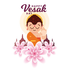 Happy vesak day, lord buddha meditating with temple and lotus poster banner card vector design art