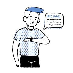 man in casual shirt looking at his smartwatch to read the message