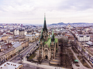 Aerial view of Church of Sts. Olha and Elizabeth, Lviv