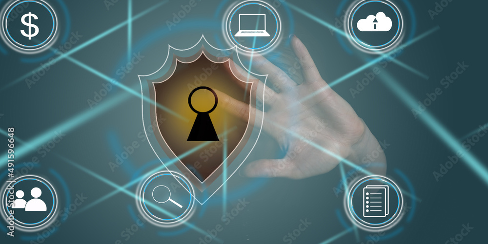 Poster cyber security network. padlock icon and internet technology networking. businessman protecting data