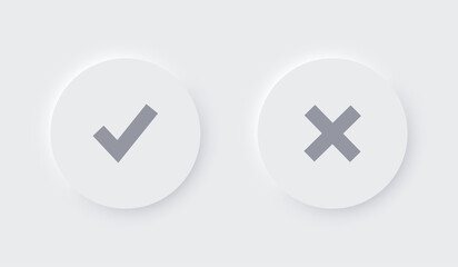 Check Mark and cross in neumorphic style. UI design for Apps, Websites, Interfaces, Social Media. Vector EPS 10.