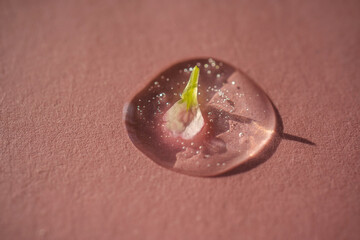 A drop of cosmetic gel with a flower on a pink background.
