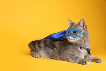 Adorable cat in blue superhero cape and mask on yellow background, space for text
