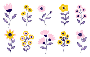 A set of spring flowers, plants and leaves in the style of doodle, cartoon. Isolated on a white background.