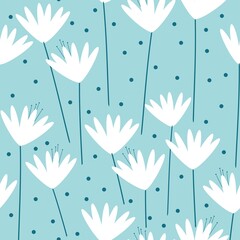 Seamless vintage pattern. white flowers, blue dots. light blue  background. vector texture. fashionable print for textiles, wallpaper and packaging.