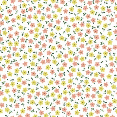 Seamless vintage pattern. Small pink and yellow  flowers, green leaves.  White background. vector texture. fashionable print for textiles, wallpaper and packaging.