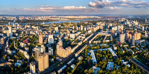 Fototapeta na wymiar Aerial view of Pechersk, a central neighborhood of Kyiv, the capital of Ukraine before the war with Russia
