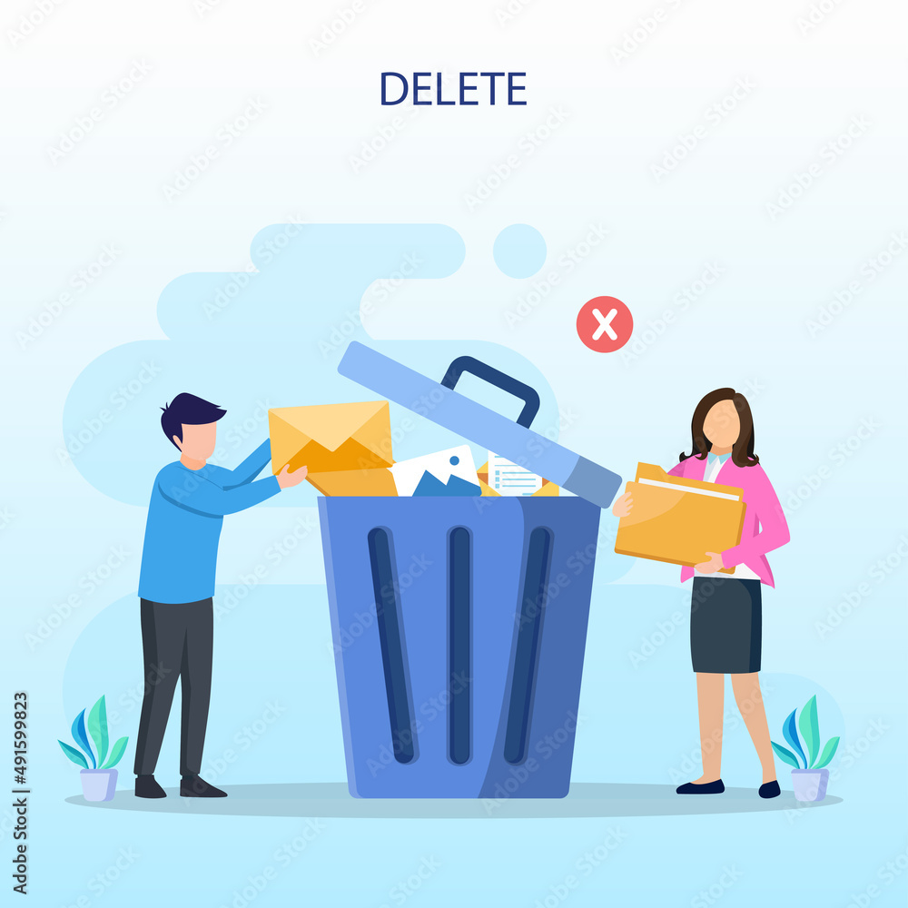 Poster delete concept. deleting data and move unnecessary files to the trash bin. illustration vector