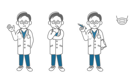 医師ポーズ三種とマスク