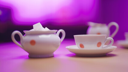 Retrp sugar cubes cup and tea cup on table with pink blurred background