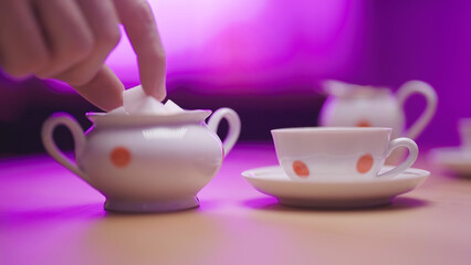 Hand add multiple sugar cube in tea cup close-up
