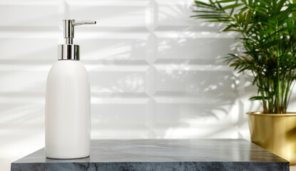 Marble table in the bathroom with free space, shadows of light on the tiled wall 