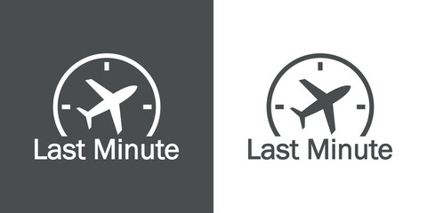 Logotipo con texto Last Minute y silueta de avión en esfera de reloj simple en fondo gris y fondo blanco