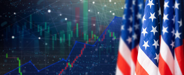 Growing chart against the background of the USA America flag candlestick graph Stock market exchange and graph chart business finance money investment on display board.