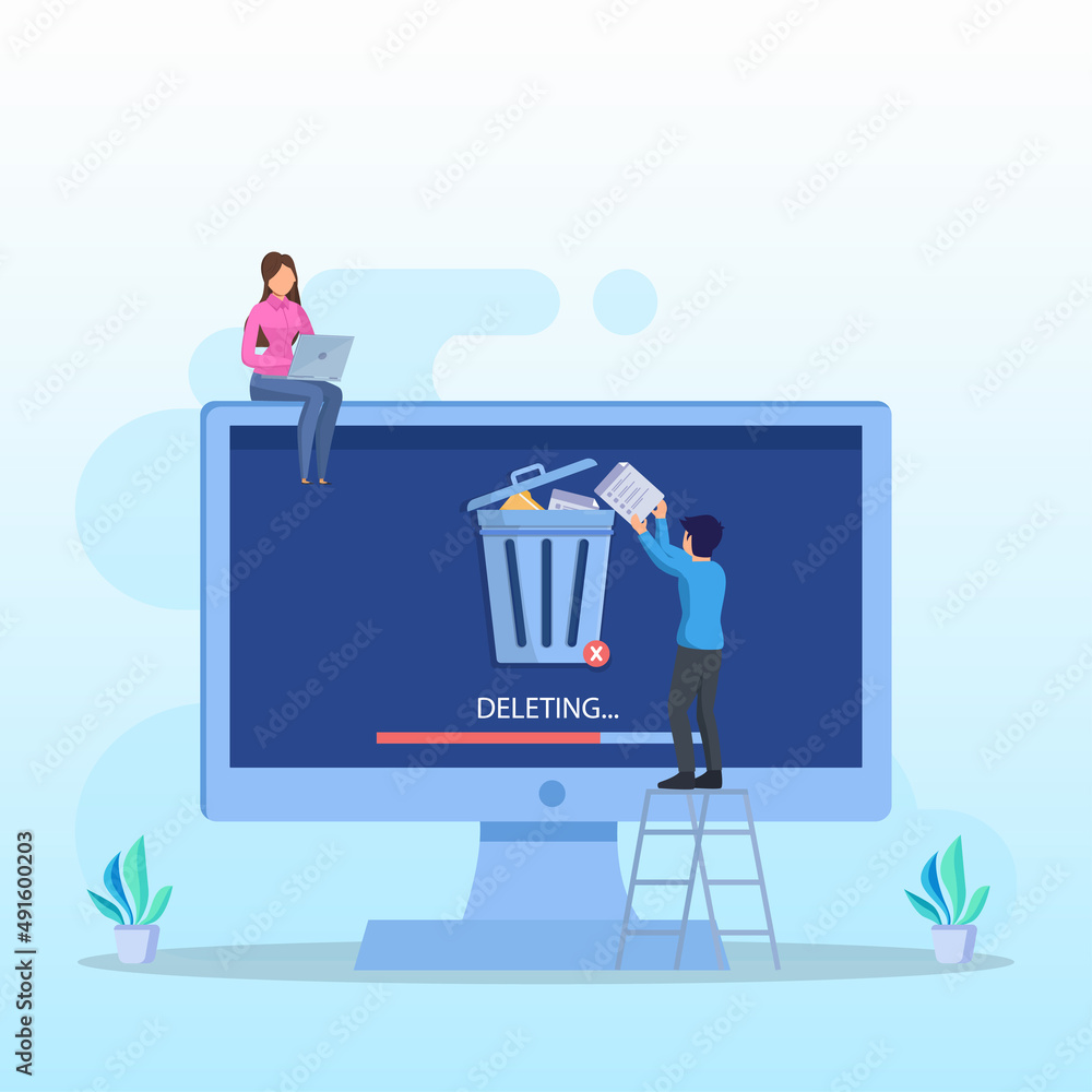 Poster delete concept. deleting data and move unnecessary files to the trash bin. illustration vector