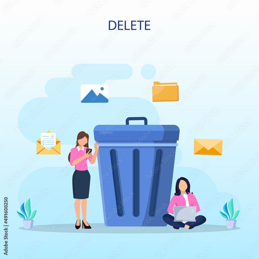 Poster delete concept. deleting data and move unnecessary files to the trash bin. illustration vector
