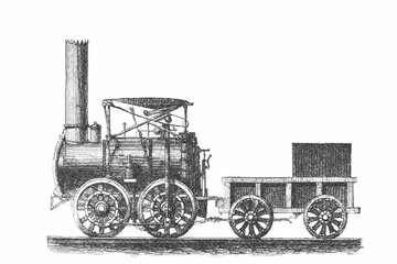 Fototapeta na wymiar Retro train with wagon. Vintage Locomotive. Doodle sketch. Vector illustration. Isolated on white.