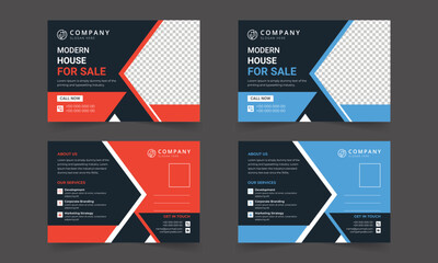 Post card design template. Postcard real estate, business postcards, postcard template, post card, postcard layout. Postcards design template