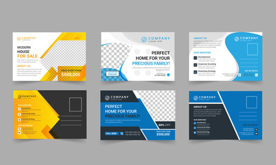 Post card design template. Postcard real estate, business postcards, postcard template, post card, postcard layout. Postcards design template