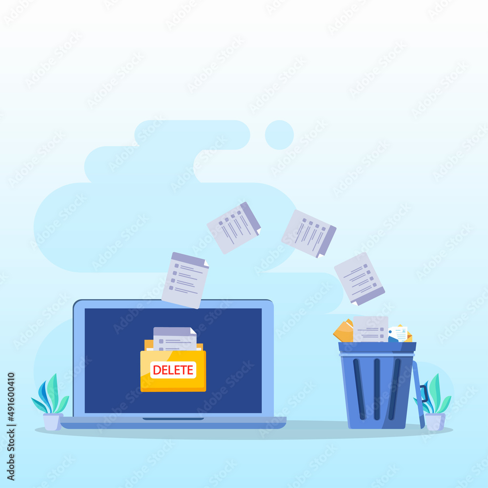 Poster delete concept. deleting data and move unnecessary files to the trash bin. illustration vector