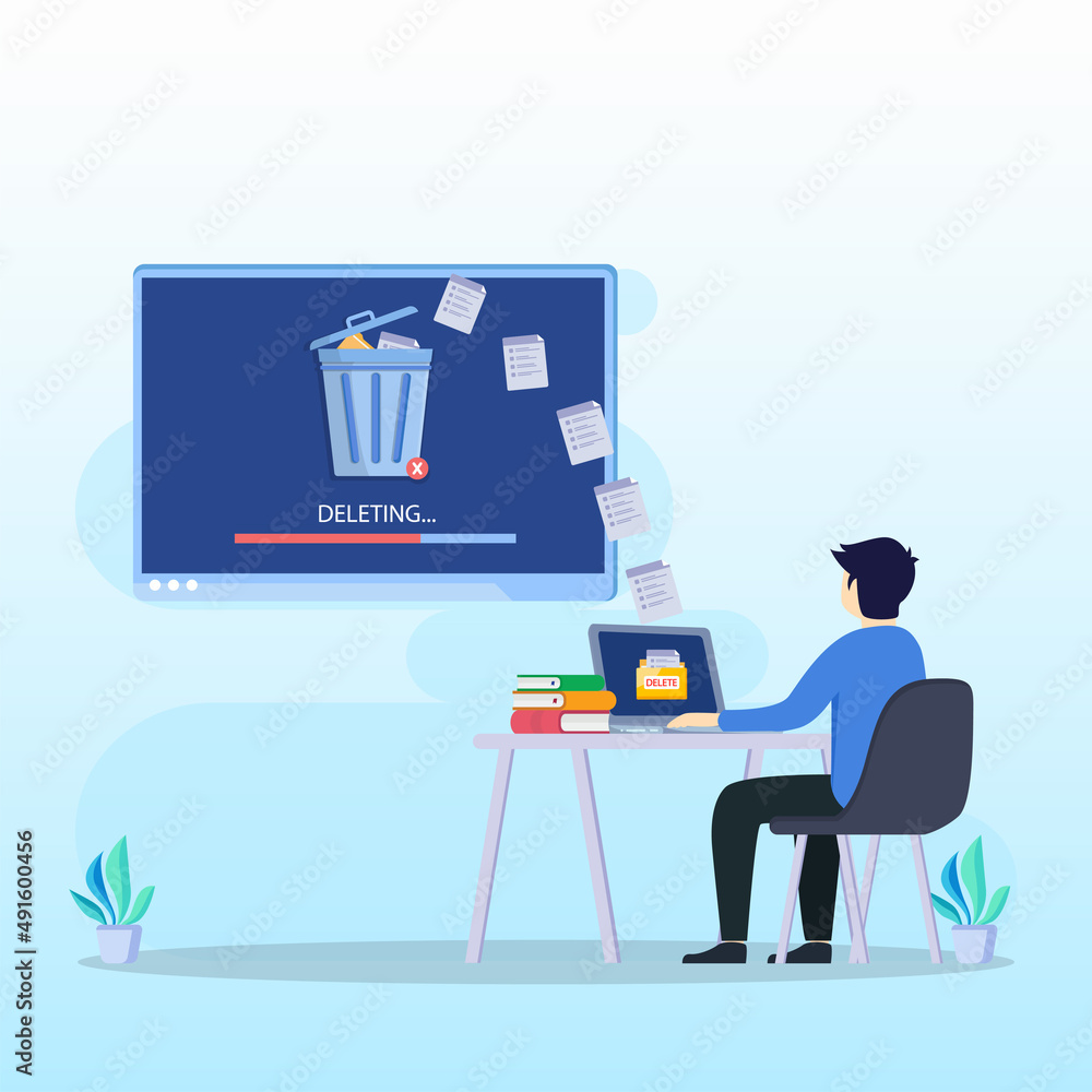 Poster delete concept. deleting data and move unnecessary files to the trash bin. illustration vector