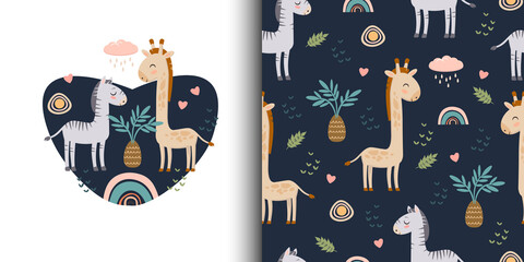 A set of illustrations. Seamless patterns with cute giraffes and zebras.Pattern with animals of Africa. Children's jewelry and textiles. Vector drawing
Web