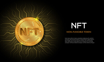 Non fungible token NFT.Technology background with circuit.NFT logo.Crypto currency concept. - obrazy, fototapety, plakaty