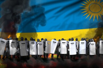 Rwanda protest fighting concept, police squad in heavy smoke and fire protecting peaceful people against riot - military 3D Illustration on flag background
