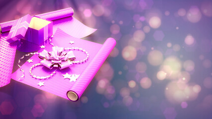 purple gift wrapping paper and giftbox on vivid bg - abstract 3D illustration