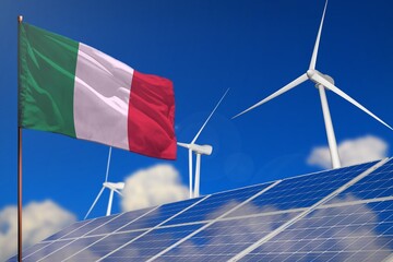 Italy renewable energy, wind and solar energy concept with windmills and solar panels - renewable energy - industrial illustration, 3D illustration