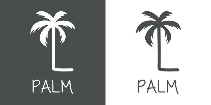 Logotipo texto Palm con letra L en tipograf&iacute;a con forma de silueta de palmera en fondo gris y fondo blanco