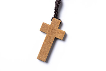 Rosary catholic cross isolated on white background