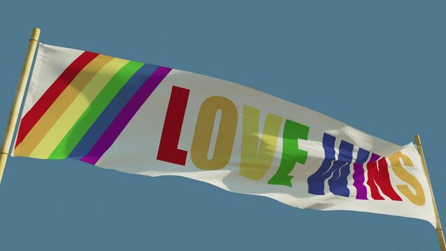 Love Wins transparent flag on blue sky backdrop, isolated