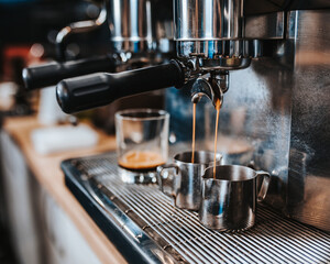 Barista brews cappuccino with foam pattern - morning fragrant black coffee