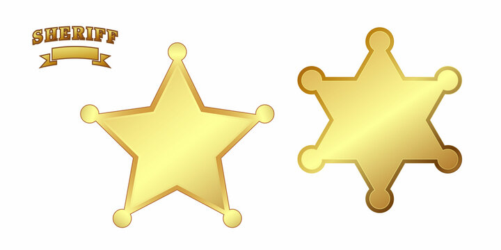 An adorable set of sheriff's stars, consisting of an inscription, five-pointed and six-pointed gold stars. 3 D. Vector illustration.