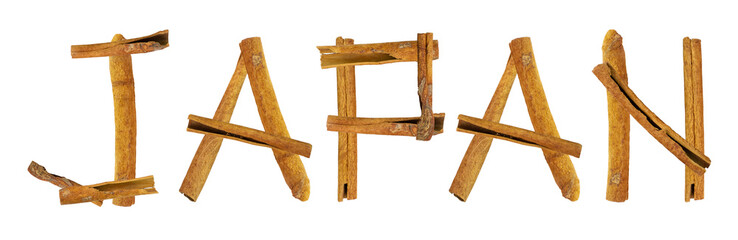 Japan inscription made with cinnamon sticks in Japanese style on white isolated.