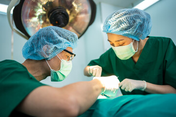 Asian Professional surgeons team performing surgery in the operating room, surgeon, Assistants, and...
