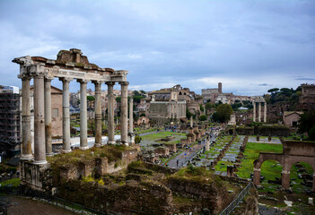 View of the Roman Forum in the middle of the Italian city of Rome  - 491602430