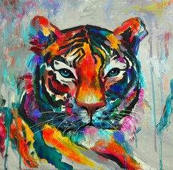 Original oil painting. Drawn tiger. Modern painting with strokes. Bright and different colors.