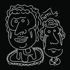 Vector line artwork with hand drawn funny characters family