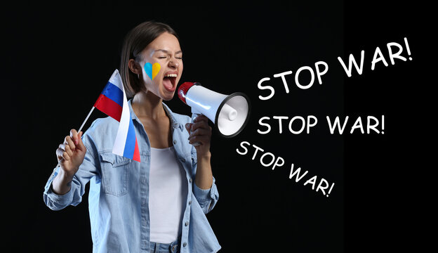Screaming Ukrainian woman with flag of Russia and megaphone on dark background. Stop war - Powered by Adobe