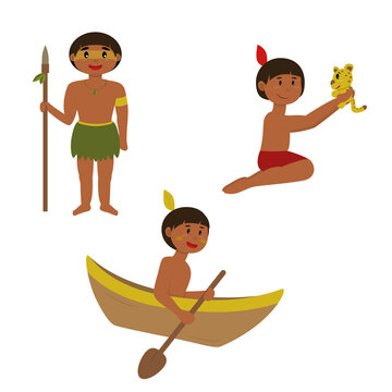 Indios nativos brasileiros -  ilustra&ccedil;&atilde;o vetorial. Indios com flecha, canoa e on&ccedil;a pintada.
