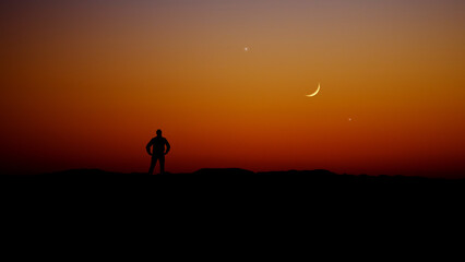 Man observing evening sky with stars, planets and crescent Moon.