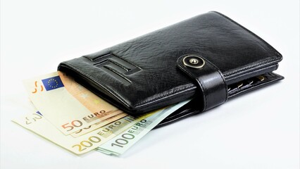 Euro cash and wallet, a means of payment for goods and services. Isolated on a white background. The concept of a financial well-being strategy.