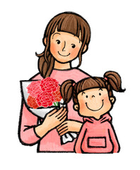 母の日　カーネーションを持つお母さんと子供（親子）
